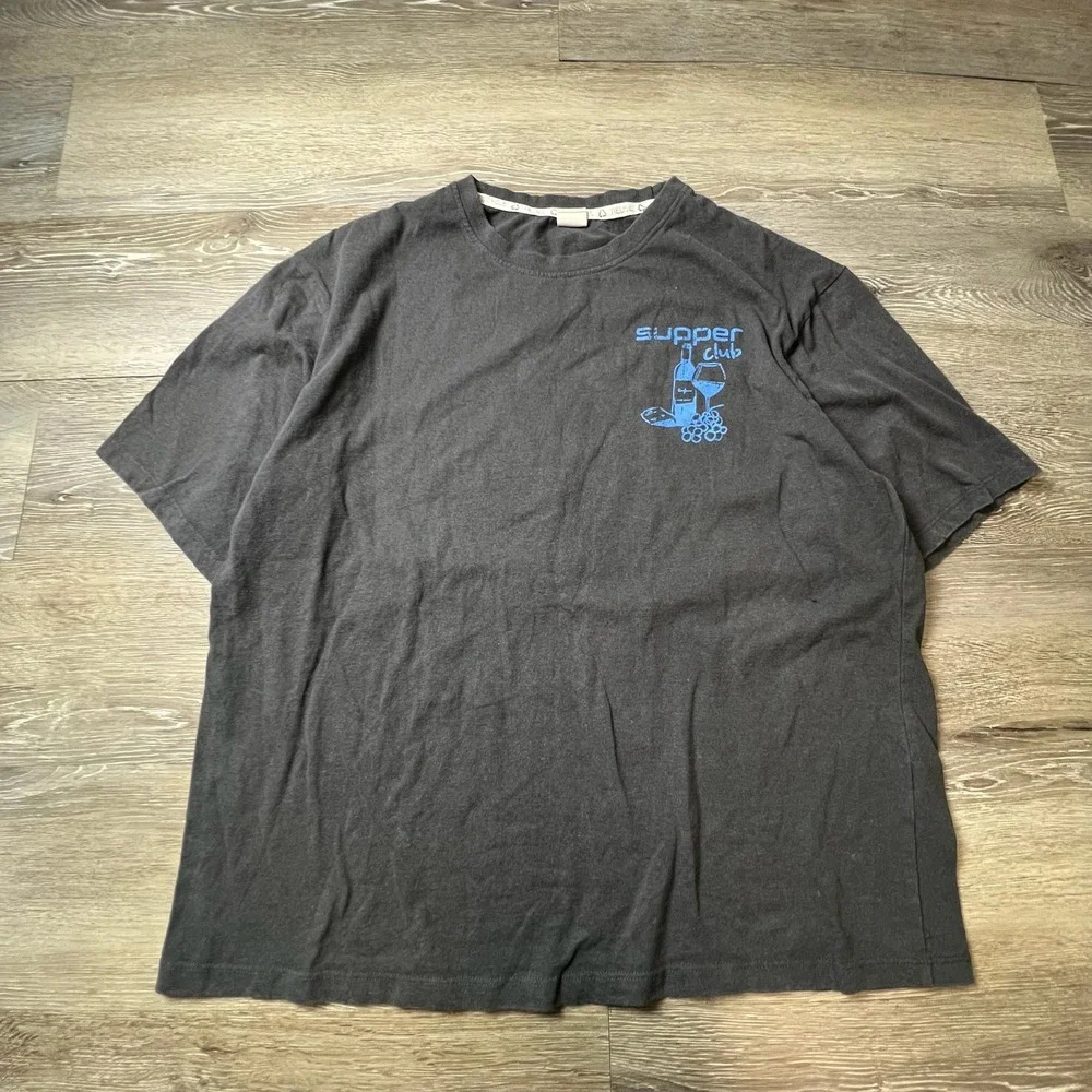 Recycled Threads Supper Club T-Shirt Mens L Black Blue Graphic Tee Wine Foodie